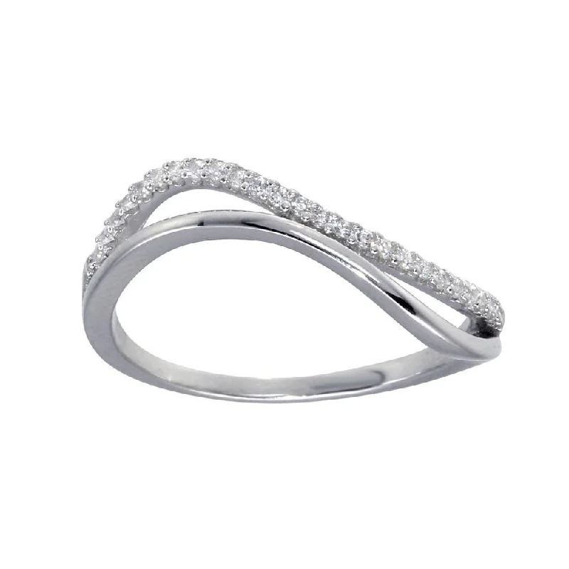 Rhodium Plated 925 Sterling Silver Double Wave CZ Ring - GMR00294