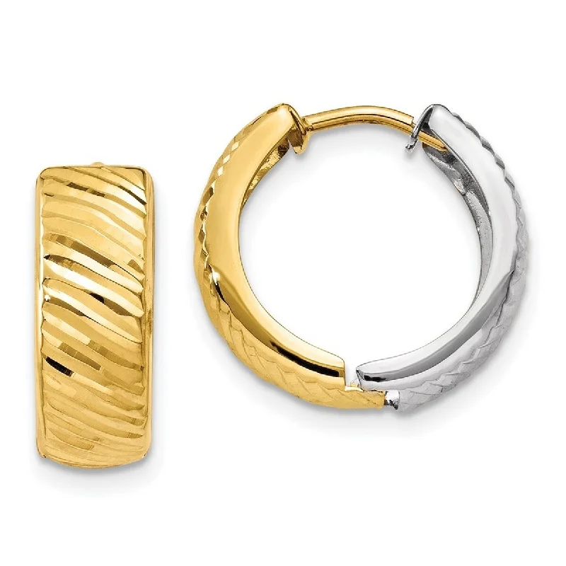 Curata 14k Two Tone Polished Gold Textured 5x14mm Reversible Hinged Huggies Hoop Earrings