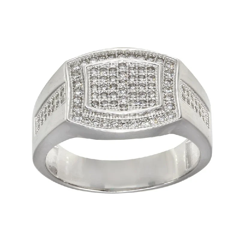 Rhodium Plated 925 Sterling Silver Men's Micro Pave Rectangle Shape CZ Ring - GMR00277