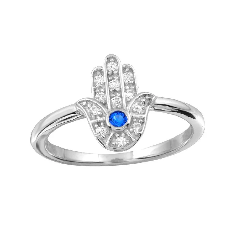 Rhodium Plated 925 Sterling Silver Blue Hamsa Ring with CZ - BGR01131BLU