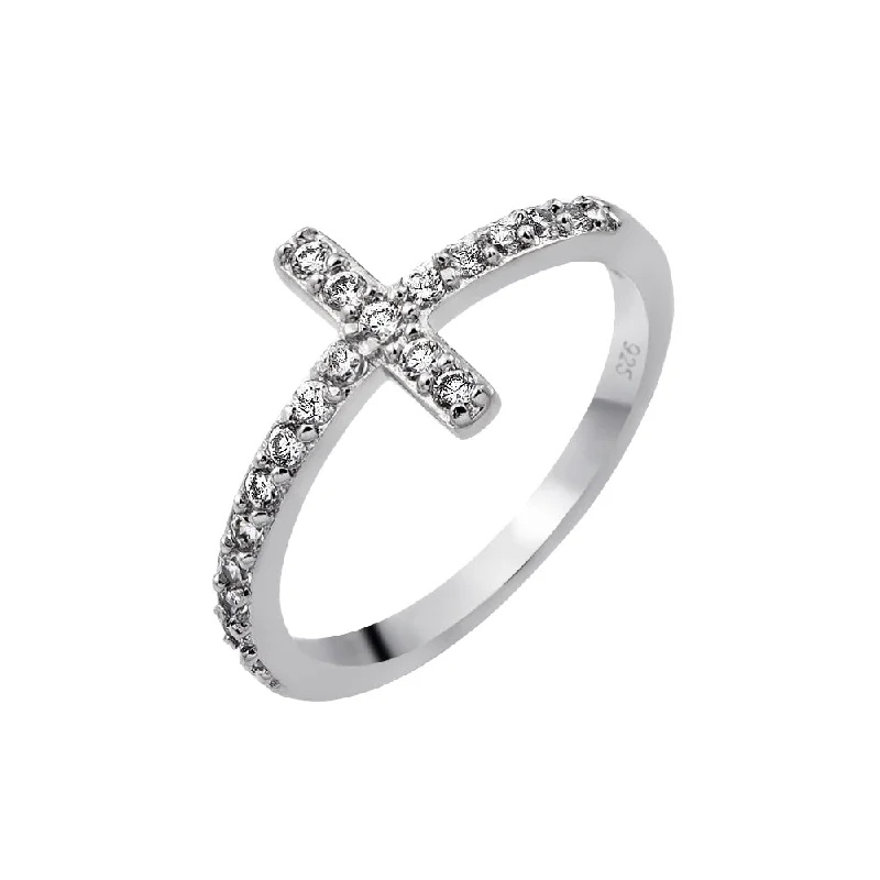 Silver 925 Rhodium Plated Clear CZ Cross Ring - BGR00783RHD