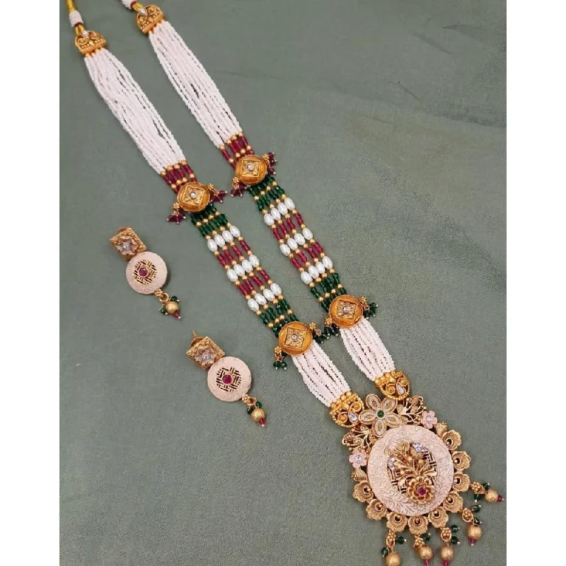 Akruti Collection Gold Plated Kundan Stone Meenakari Pearls Long Necklace Set