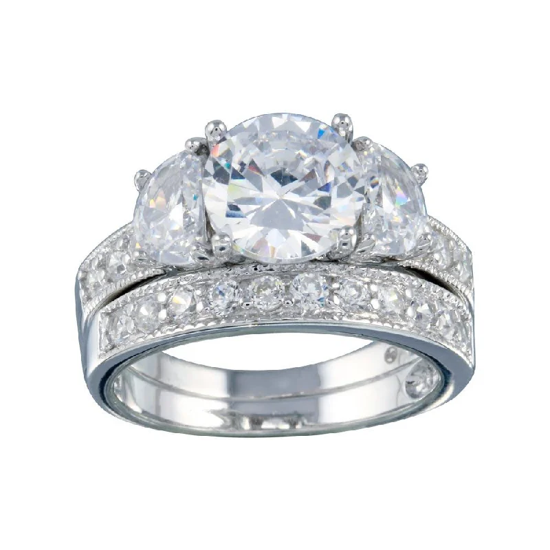 Rhodium Plated 925 Sterling Silver Clear Round Center CZ Bridal Ring Set - BGR00069