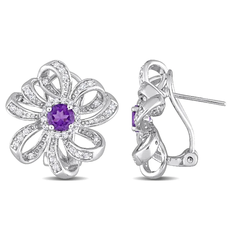 Miadora African Amethyst and White Topaz Floral Earrings in Sterling Silver