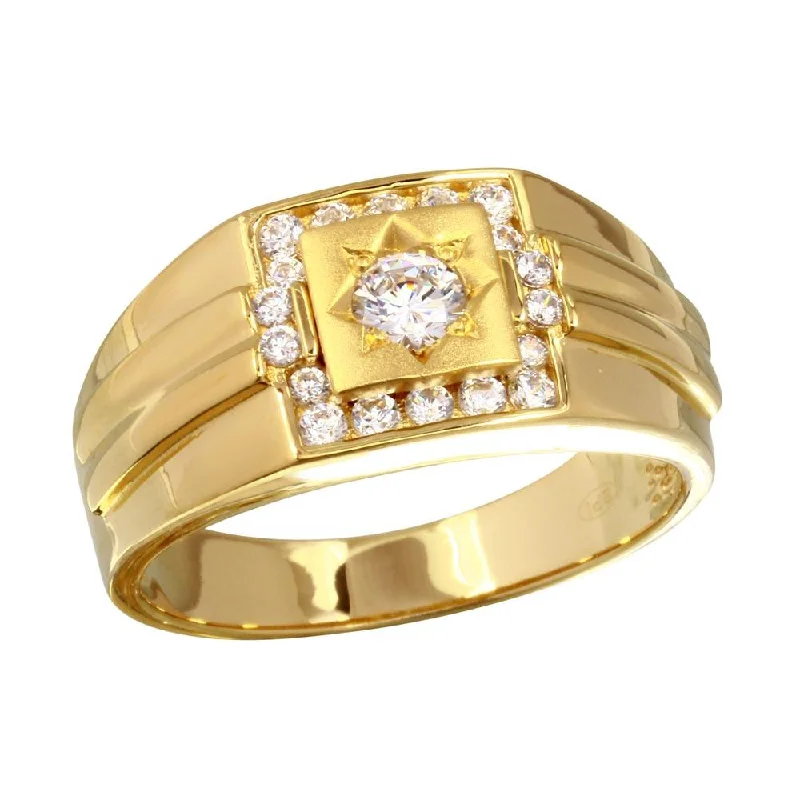 Men's Sterling Gold Plated 925 Sterling Silver Square Ring with CZ - GMR00240GP