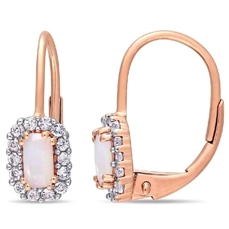 Miadora 10k Rose Gold Octagon-Cut Opal and White Sapphire Halo Leverback Earrings