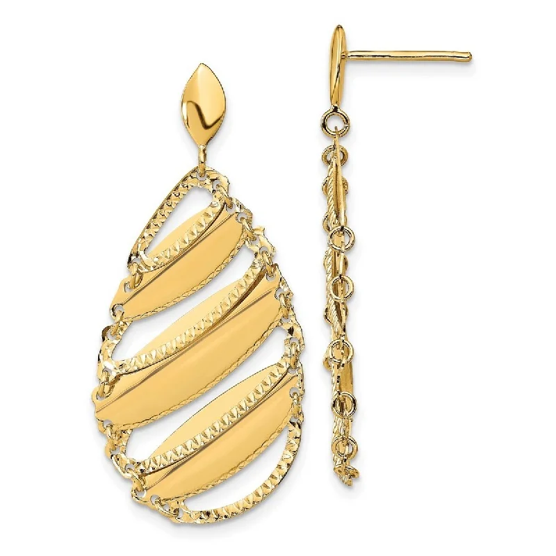 Curata 14k Yellow Gold Polished Brushed Teardrop Post Long Drop Dangle Earrings 39.5x17.8mm