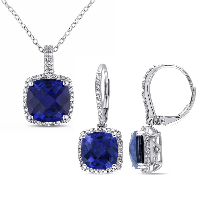 Miadora Sterling Silver Created Sapphire and 1/3ct TDW Diamond Square Halo Necklace and Leverback Earrings Set - Blue