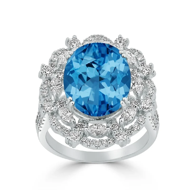 Auriya Unique 8 7/8ct Oval Blue Topaz Double Halo Diamond Ring 1 1/2cttw 18K Gold