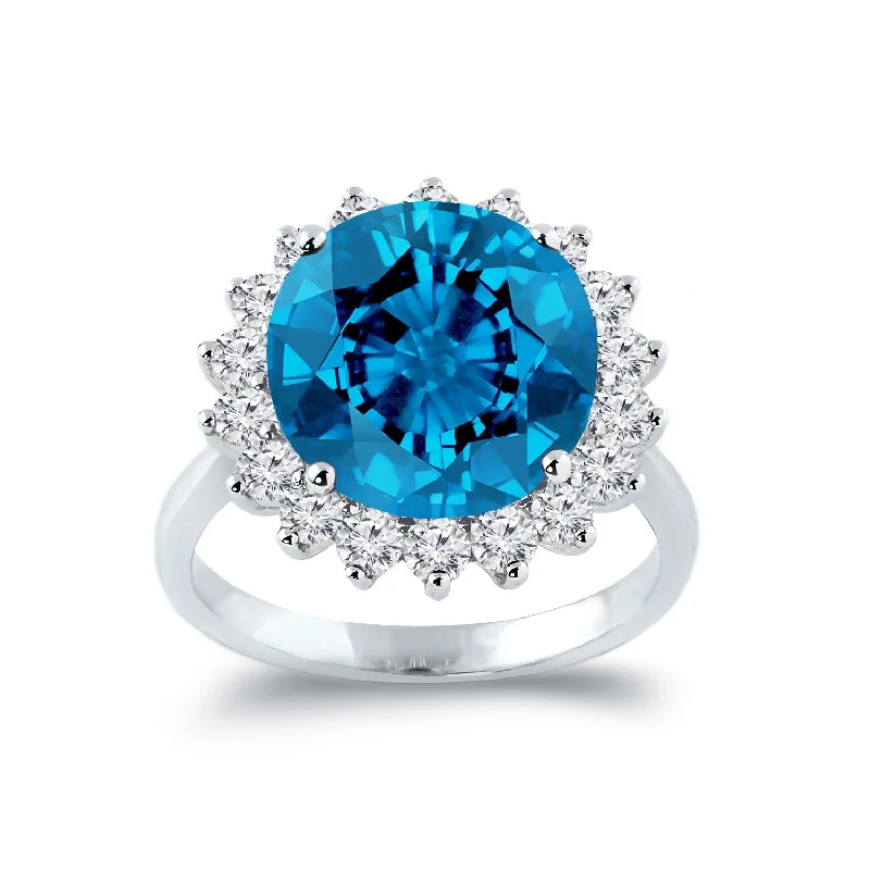 Auriya 7 1/3ct Round Blue Topaz Sunburst Halo Diamond Ring 1ctw 18K Gold