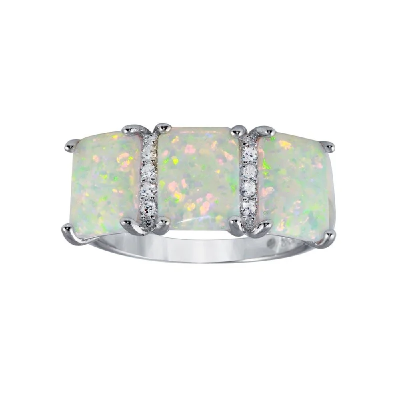 Rhodium Plated 925 Sterling Silver Triple Square Synthetic Opal CZ Ring - BGR01305