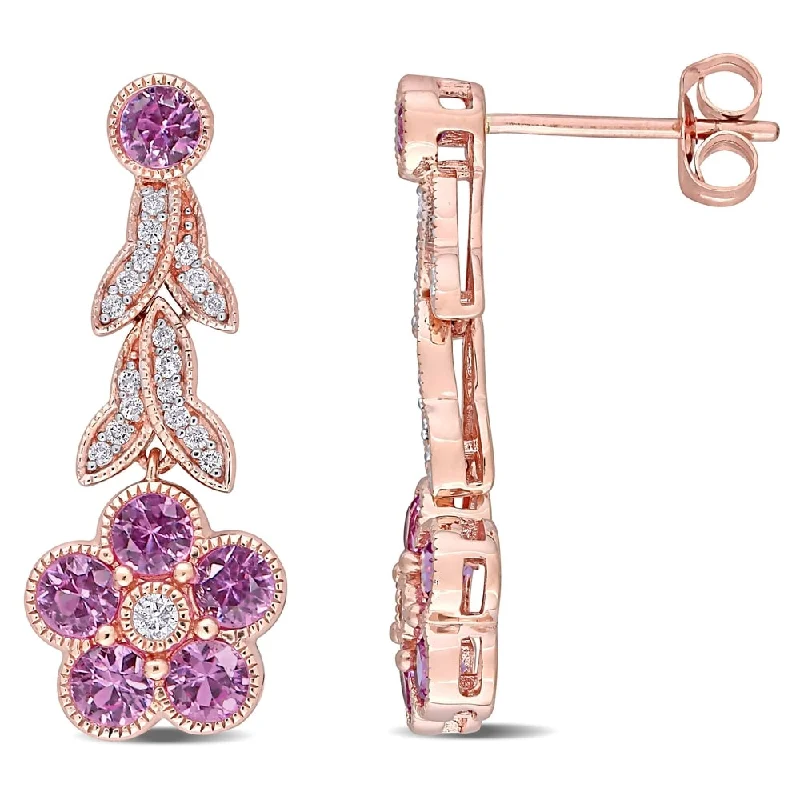 Miadora 10k Rose Gold Pink Sapphire and 1/6ct TDW Diamond Flower Dangle Earrings