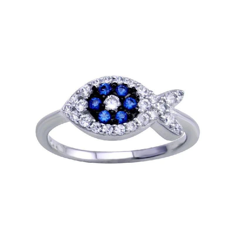 Rhodium Plated 925 Sterling Silver Blue CZ Fish Ring - BGR01288