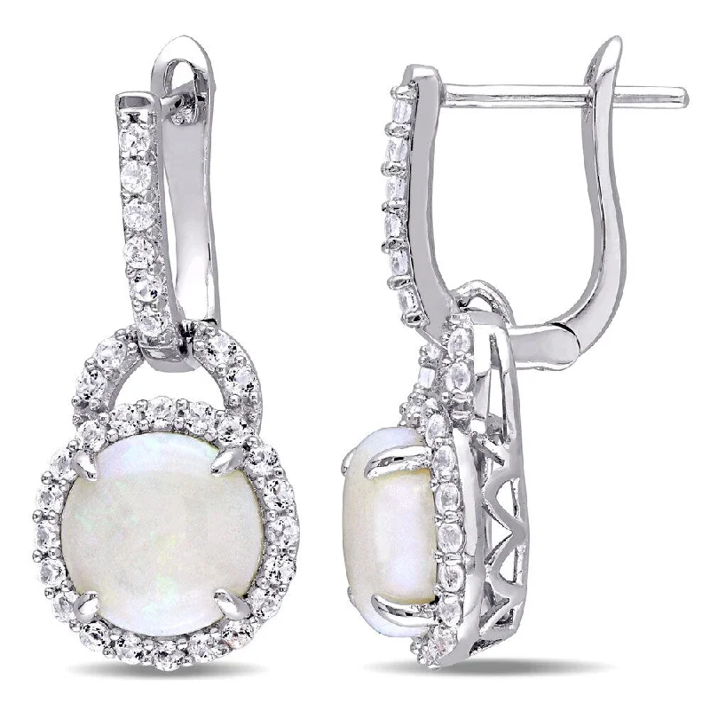 Miadora Sterling Silver Opal and White Topaz Halo Dangle Earrings