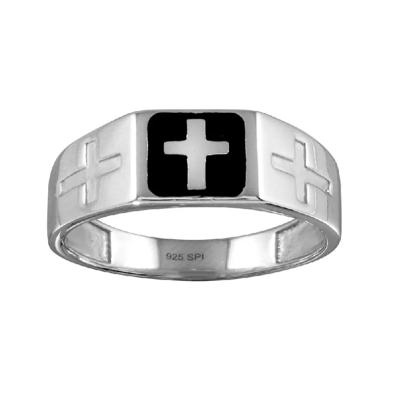 Rhodium Plated 925 Sterling Silver Black Enamel Cross Ring - SOR00006