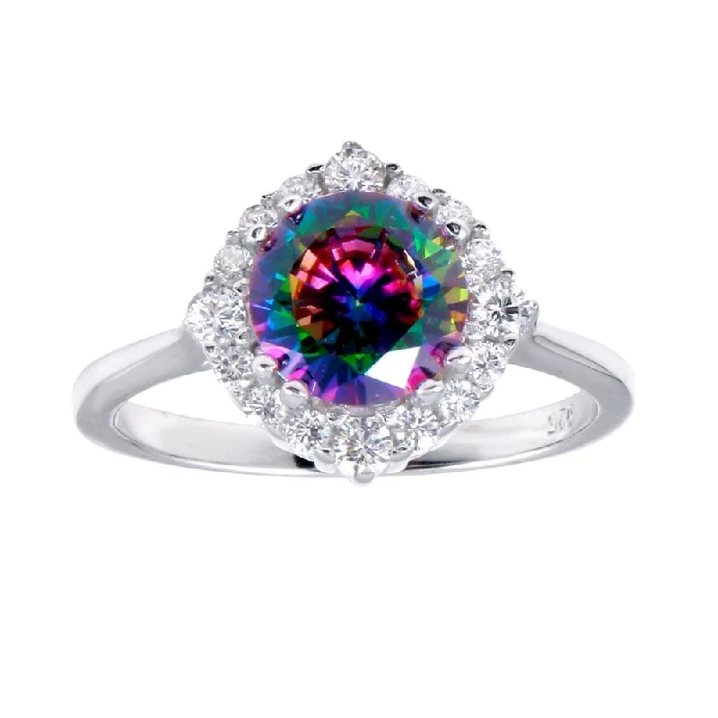 Rhodium Plated 925 Sterling Silver Round Halo Mystic Topaz CZ Ring - BGR01263