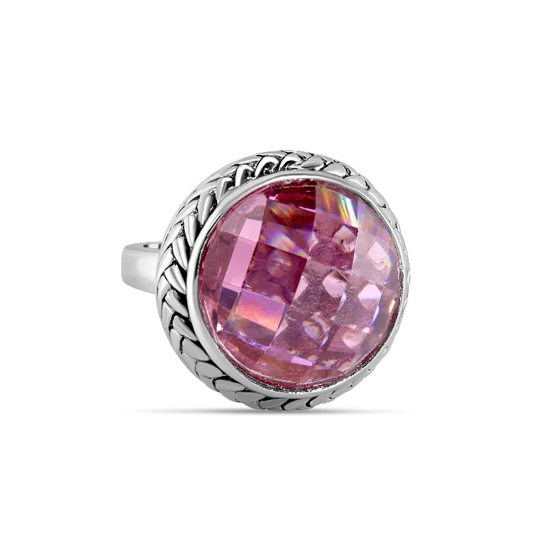 Rhodium Plated 925 Sterling Silver Dome Style Light Amethyst Pink Ring - STR00246