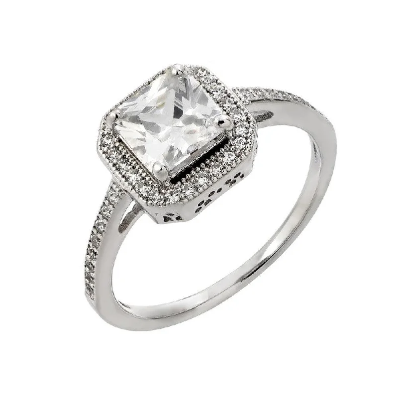 Silver 925 Rhodium Plated Clear Cluster Square Cut CZ Bridal Ring - STR00933