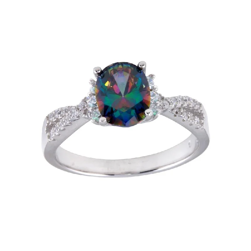 Rhodium Plated 925 Sterling Silver Oval Solitaire Synthetic Mystic Topaz CZ Band Ring - BGR01248