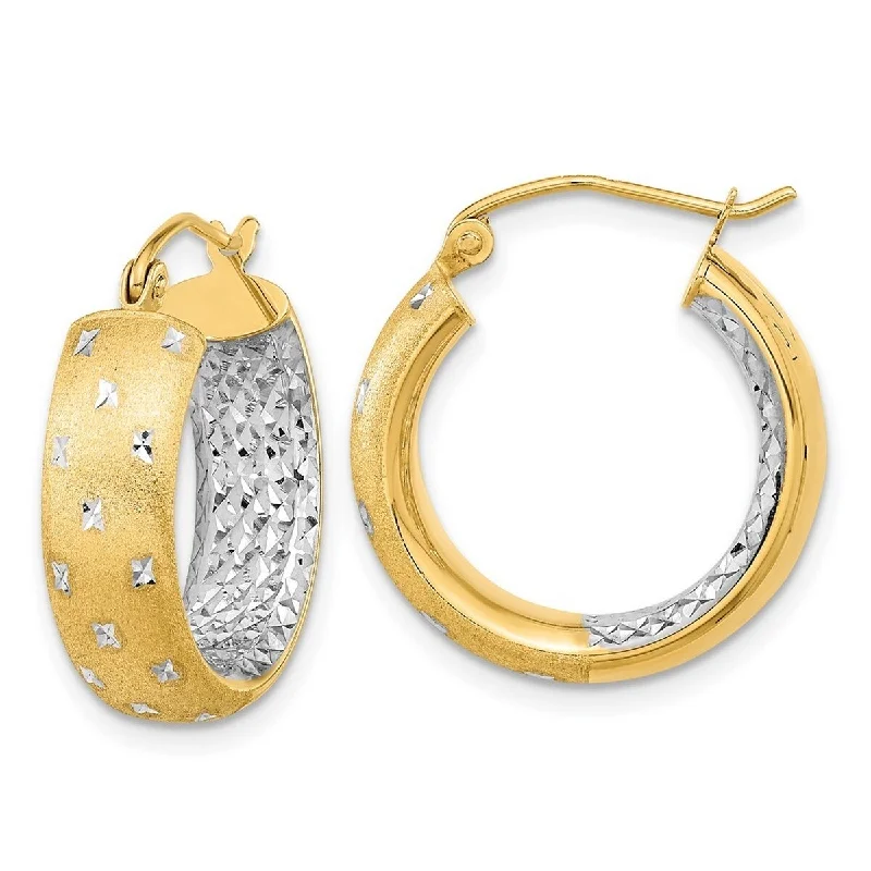 Curata 14k Yellow Gold with Rhodium Satin and Diamond Cut In Out Hoop Earrings 20.83x5.75mm