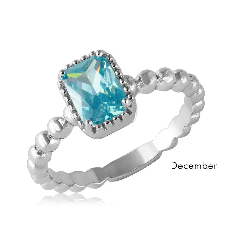 December Sterling Silver 925 Rhodium Plated Beaded Shank Square Center Birthstone Ring - BGR01081DEC