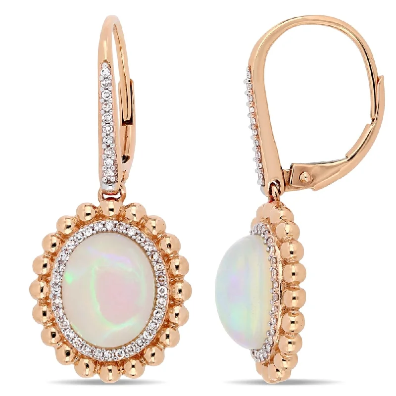 Miadora 14k Rose Gold Blue-Hued Ethiopian Opal and 1/4ct TDW Diamond Beaded Halo Leverback Earrings