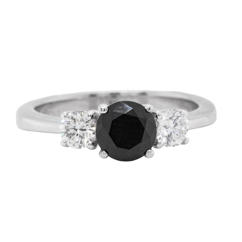 18k White Gold Three Stone White & 6mm Black Diamond Ring 0.40ctw size 5.5