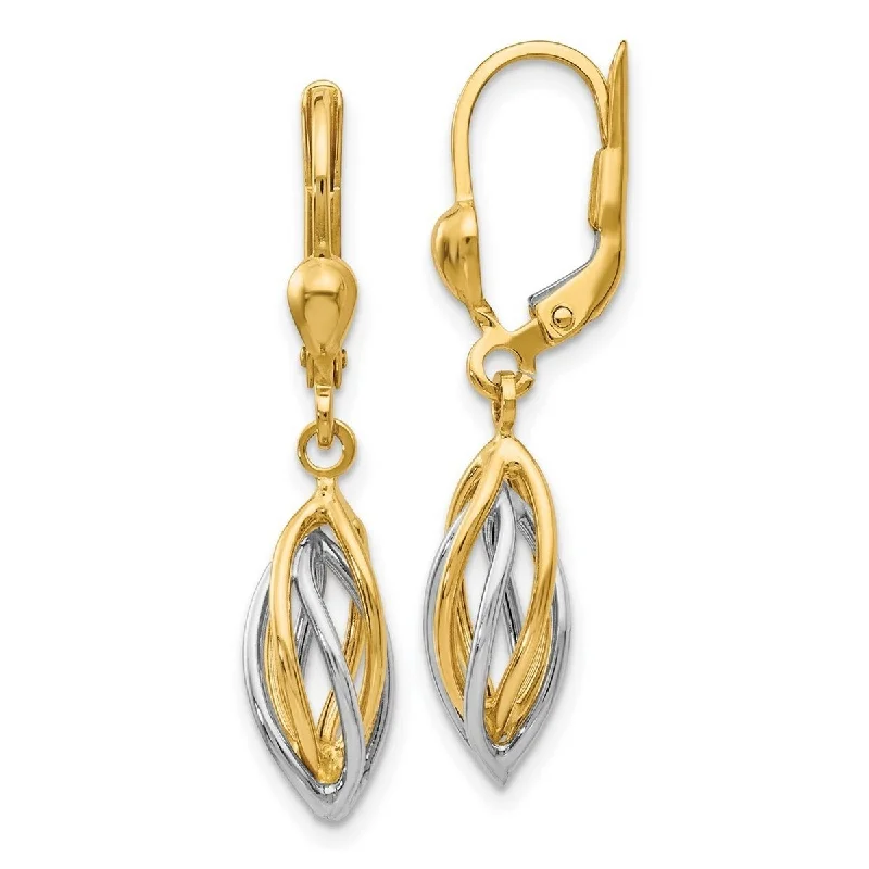 Curata 14k Two Tone Gold 32x7mm Polished Dangle Swirl Cone Leverback Earrings