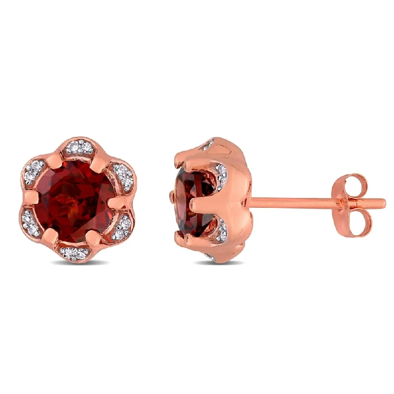 Miadora 14k Rose Gold Garnet and Diamond Accent Flower Stud Earrings