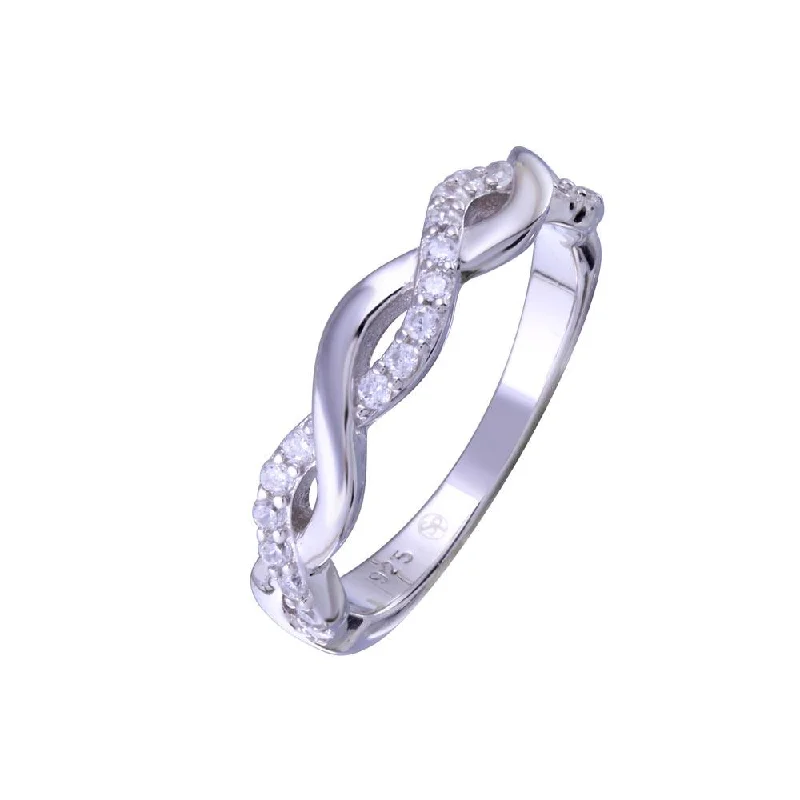 Rhodium Plated 925 Sterling Silver Twisted Clear CZ Ring - BGR01341