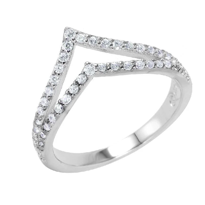 Silver 925 Rhodium Plated Clear Pave Set CZ Double Chevron Ring - BGR00948