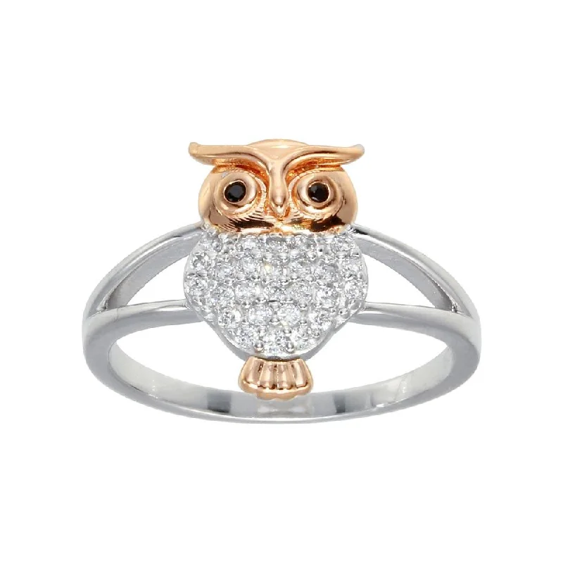 Two-Tone 925 Sterling Silver CZ Owl Ring - GMR00299RHR