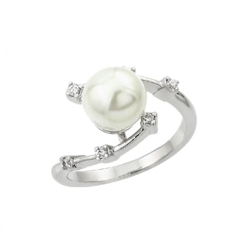 Silver 925 Rhodium Plated Clear CZ Synthetic Pearl Curve Ring - BGR00906