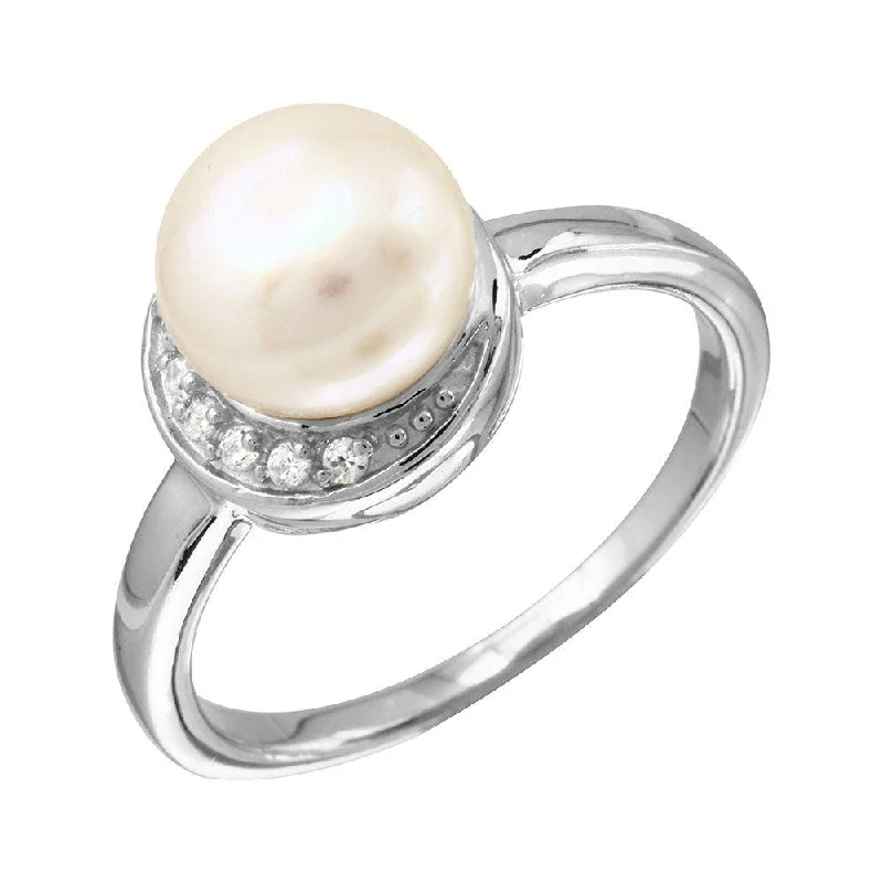 Rhodium Plated 925 Sterling Silver CZ Crescent Ring with Fresh Water Pearl - BGR01095