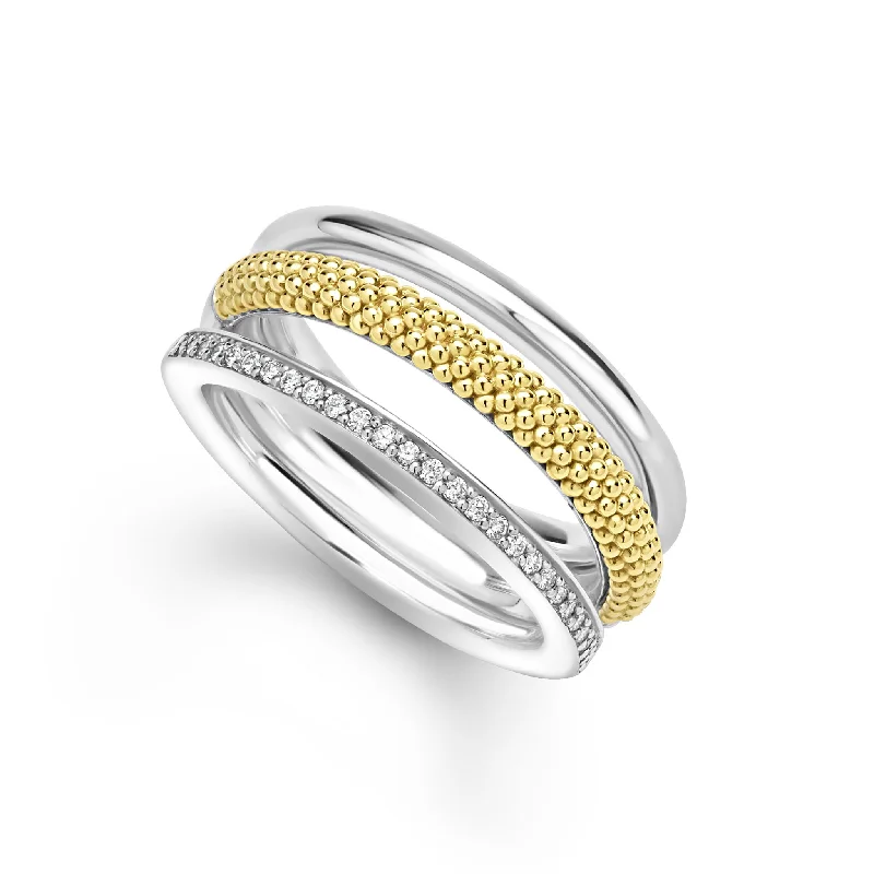 Caviar Lux Two-Tone Three Row Diamond Ring