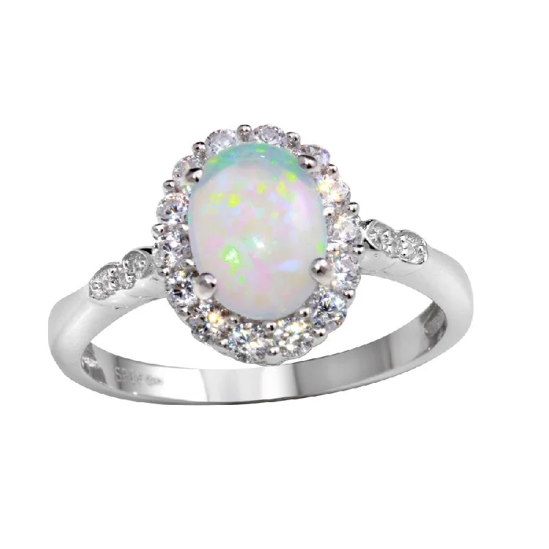 Rhodium Plated 925 Sterling Silver Round Synthetic Opal Ring - STR01103