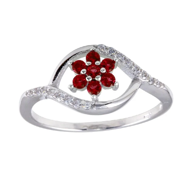 Rhodium Plated 925 Sterling Silver Wave Red Center Flower CZ Ring - BGR01252RED