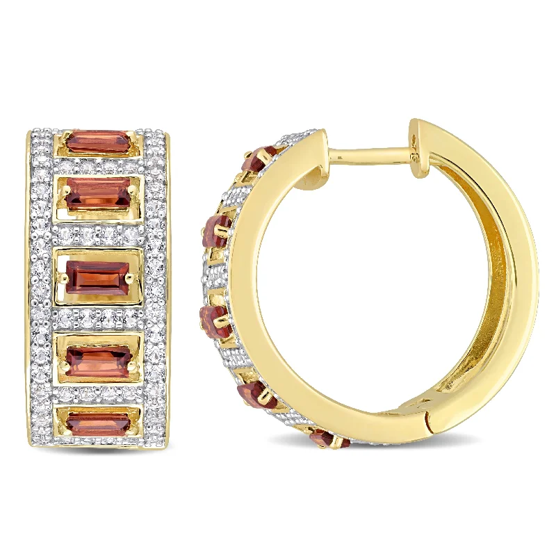 Miadora Baguette Garnet and White Topaz Hoop Earrings in Yellow Plated Sterling Silver