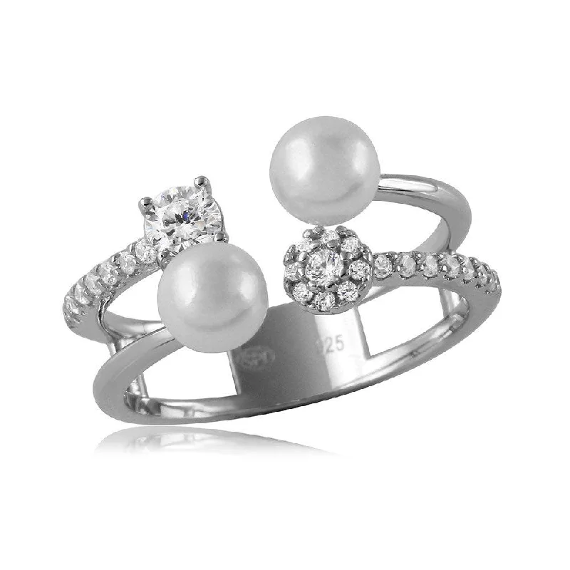 Silver 925 Rhodium Plated 2 Row CZ and Synthetic Pearl Ring - GMR00131