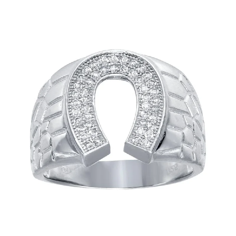 Rhodium Plated 925 Sterling Silver Men's Horse Shoe CZ Ring - GMR00275