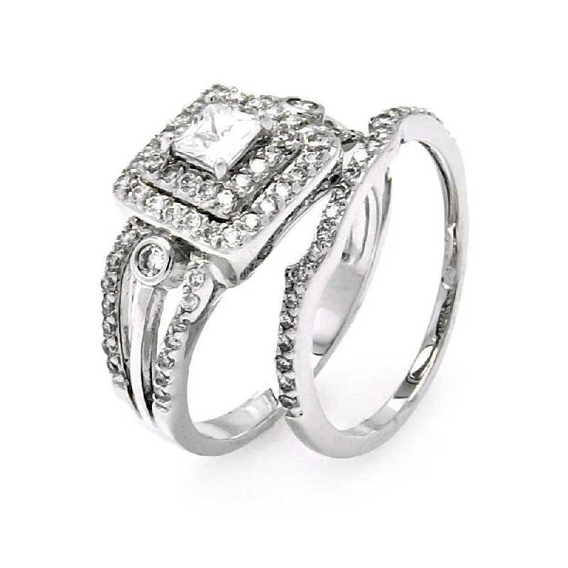 Silver 925 Rhodium Plated Clear CZ Bridal Multi Layer Square Ring Set - BGR00456