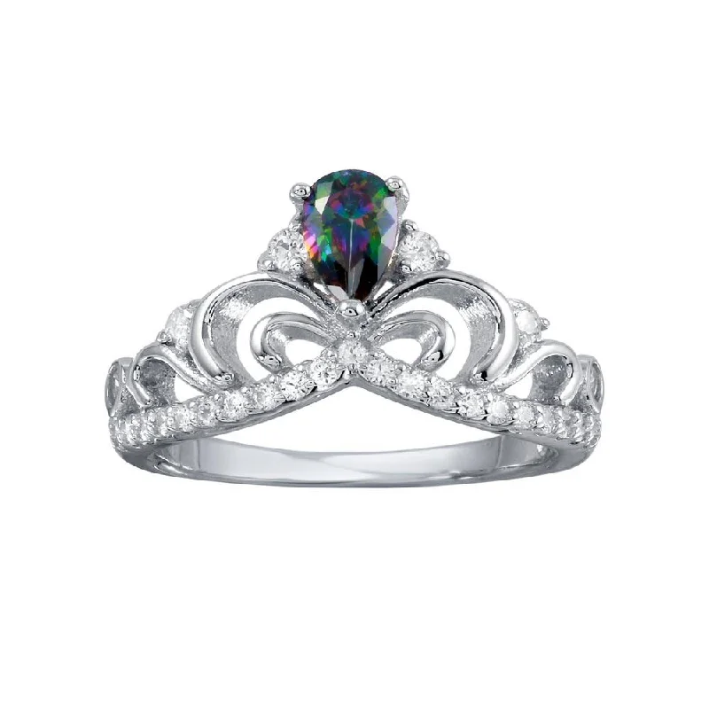 Rhodium Plated 925 Sterling Silver Crown Synthetic Mystic Topaz CZ Ring - BGR01268