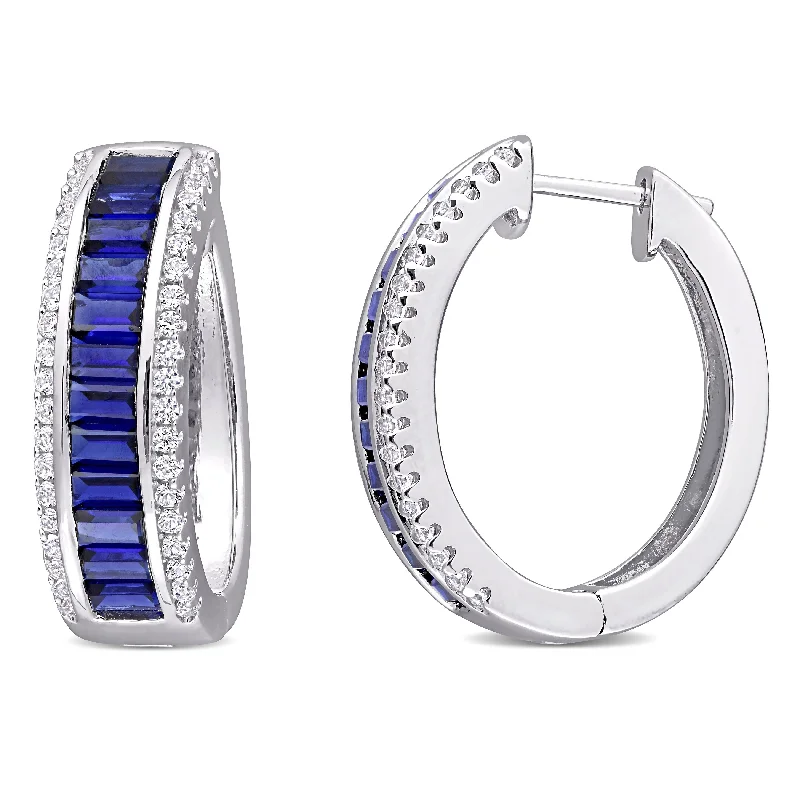 Miadora Sterling Silver Baguette and round-cut Created Blue & White Sapphire Halo Hoop Earrings - 23.5mm x 7.2mm x 20mm