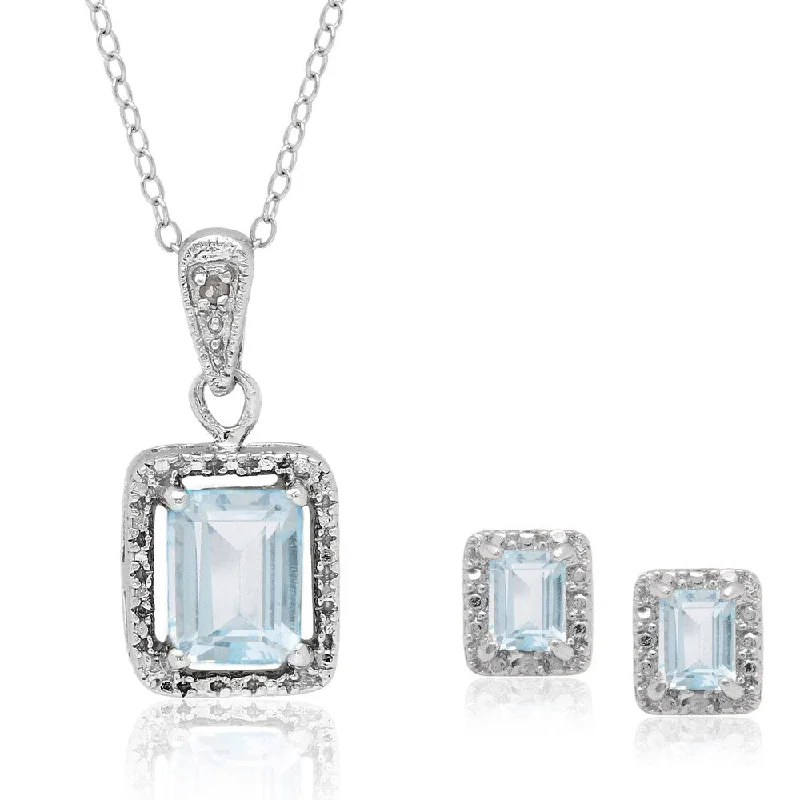 Dolce Giavonna Sterling Silver Emerald-cut Topaz/ Diamond Accent Pendant with Bonus Pair of Stud Earrings