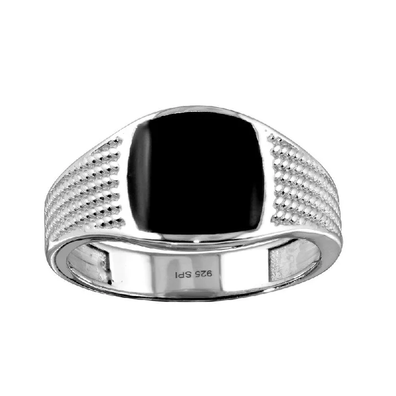 Rhodium Plated 925 Sterling Silver Black Enamel Rope Design Shank Ring - SOR00002