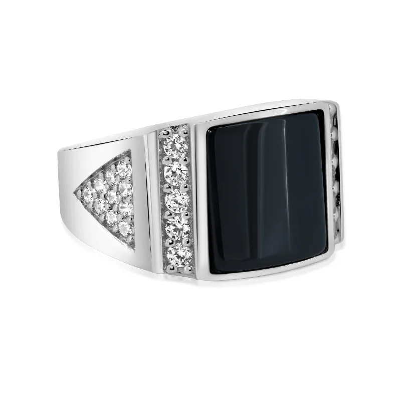 Men's Sterling 925 Sterling Silver Rhodium Square Black Onyx CZ Triangle Shank Ring - GMR00344