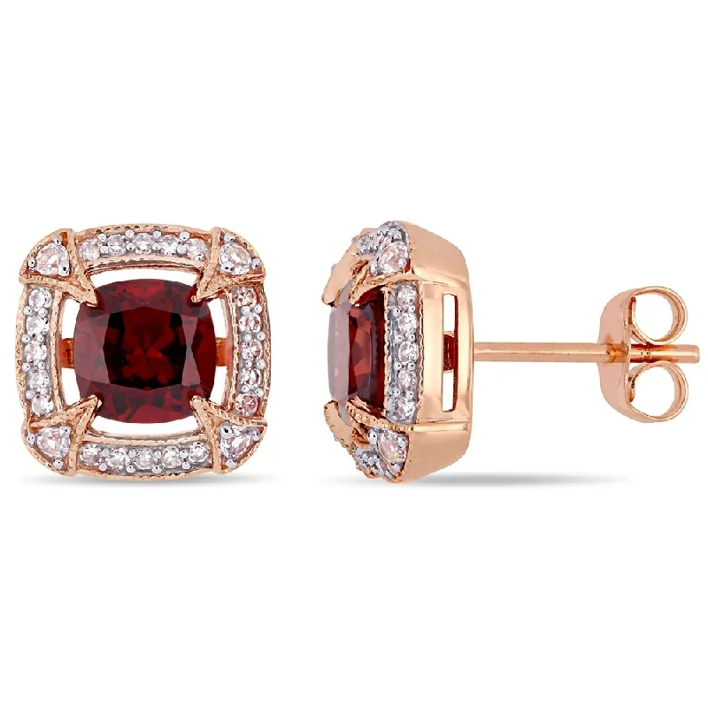 Miadora 10k Rose Gold Garnet White Sapphire and 1/5ct TDW Diamond Stud Earrings