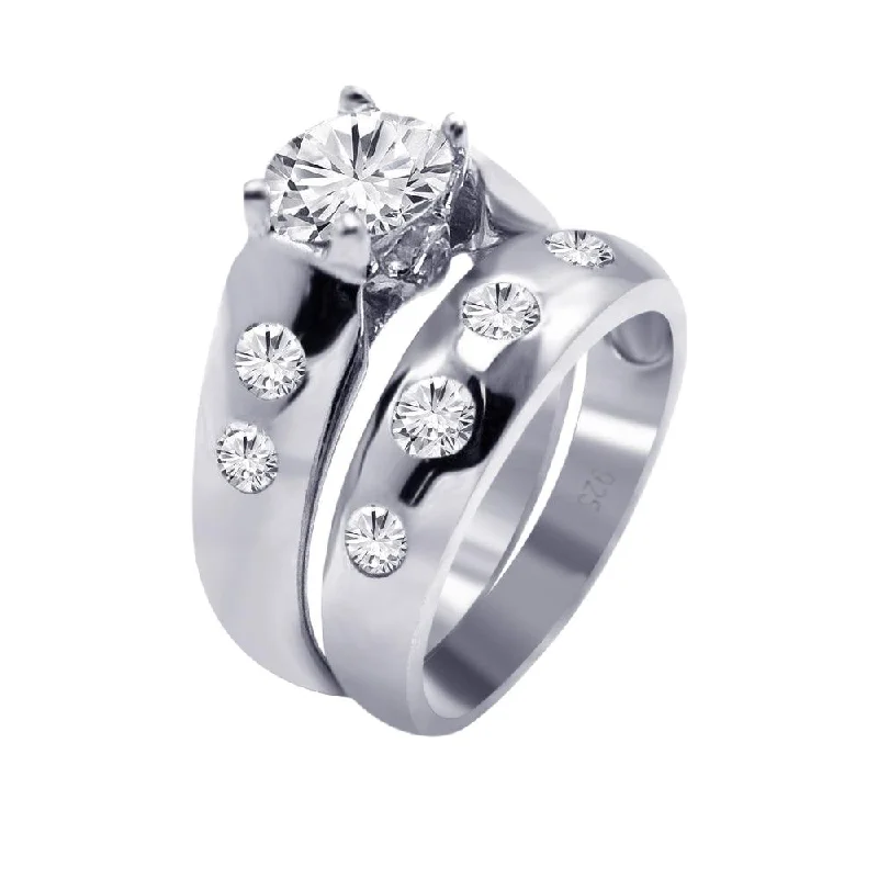 Silver 925 Rhodium Plated Round Clear CZ Engagement Ring Set - AAR0077