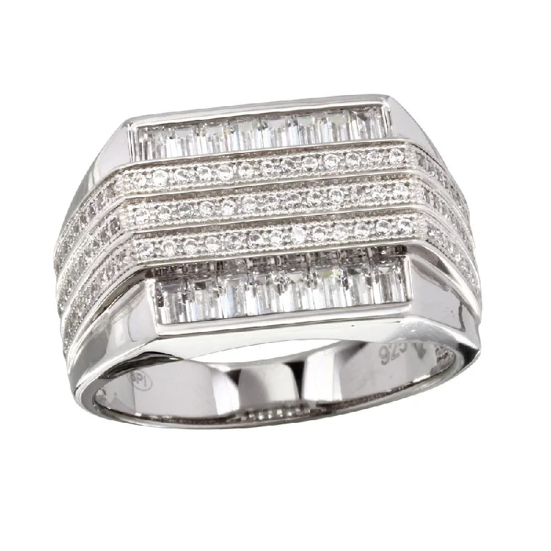 Rhodium Plated 925 Sterling Silver Men's 3 Bar CZ Ring - GMR00222