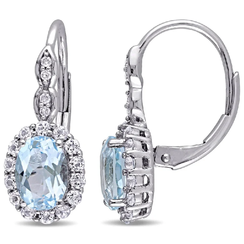 Miadora 14k White Gold Oval-cut Sky Blue Topaz White Topaz and Diamond Accent Halo Leverback Earrings